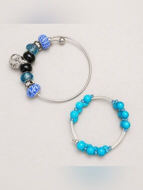 Blue & Turquoise Beaded Memory Wire Bracelet Lot – Set of 2